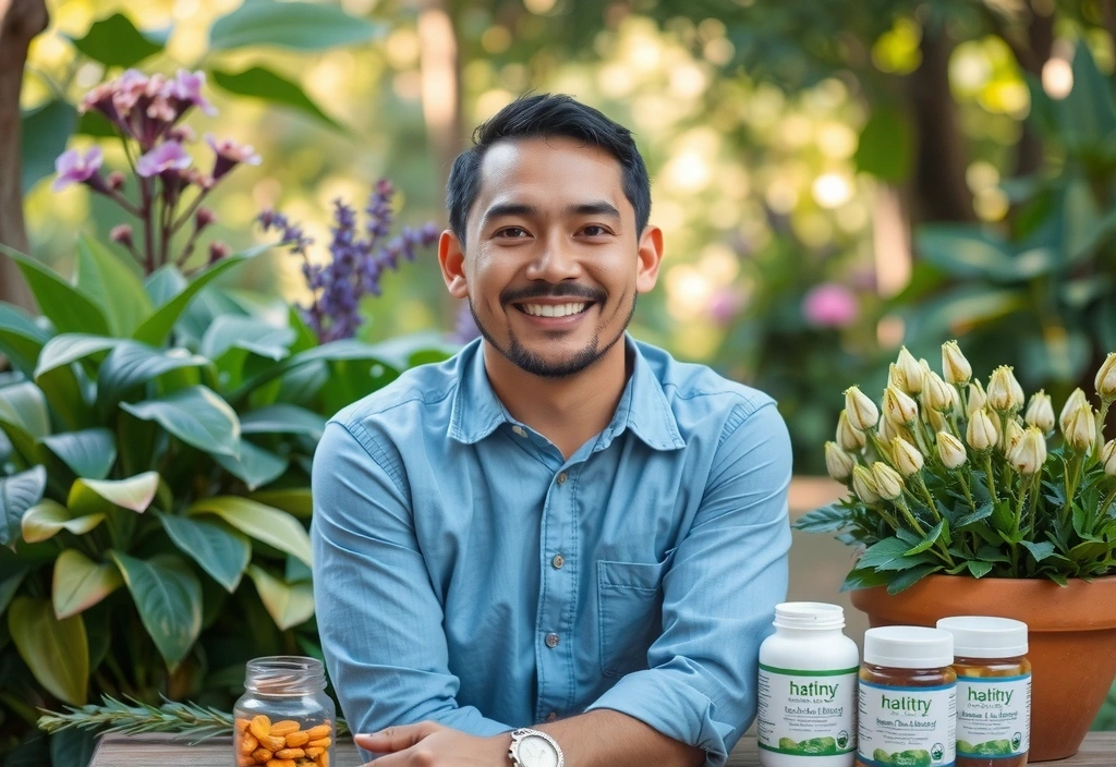 Persona feliz en entorno natural con suplementos naturales